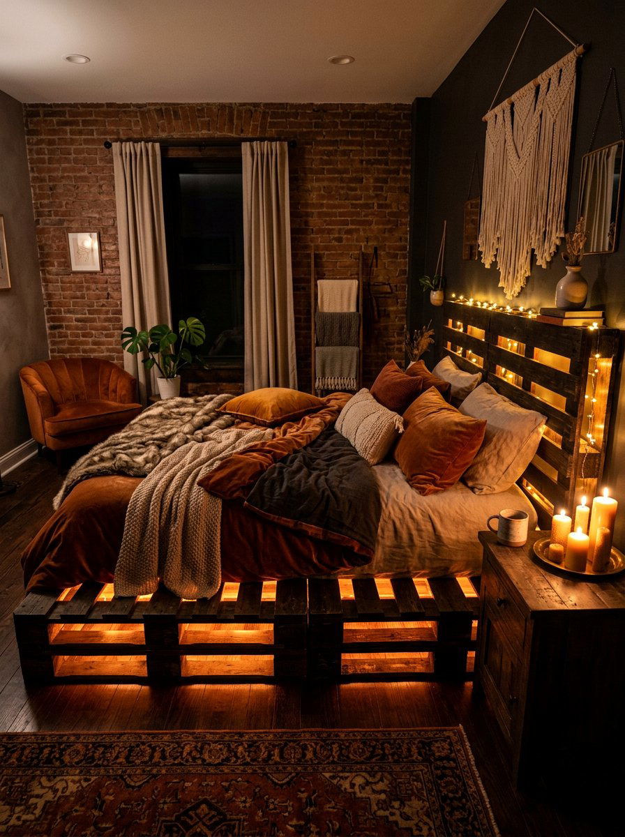 Warm Glowing Pallet Bed - 25 Illuminated pallet bed ideas