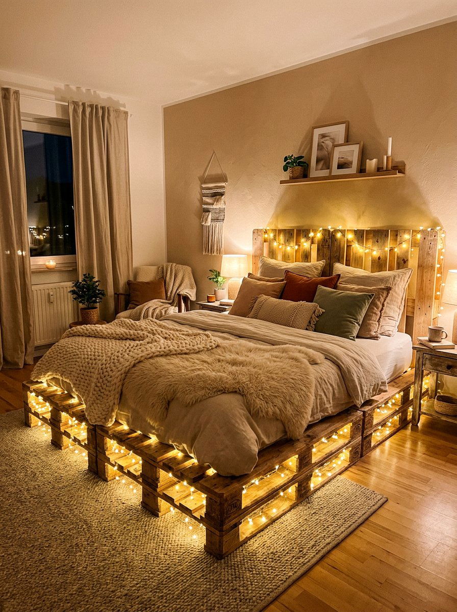 Warm White Pallet Lights - 25 Illuminated pallet bed ideas