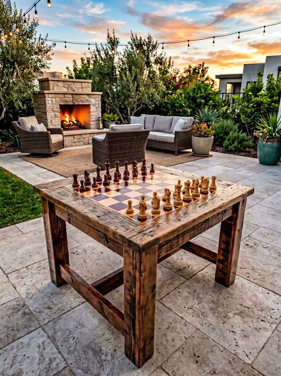 Weatherproof Stained Pallet Game Surface - 25 Pallet Outdoor Chess Table Ideas