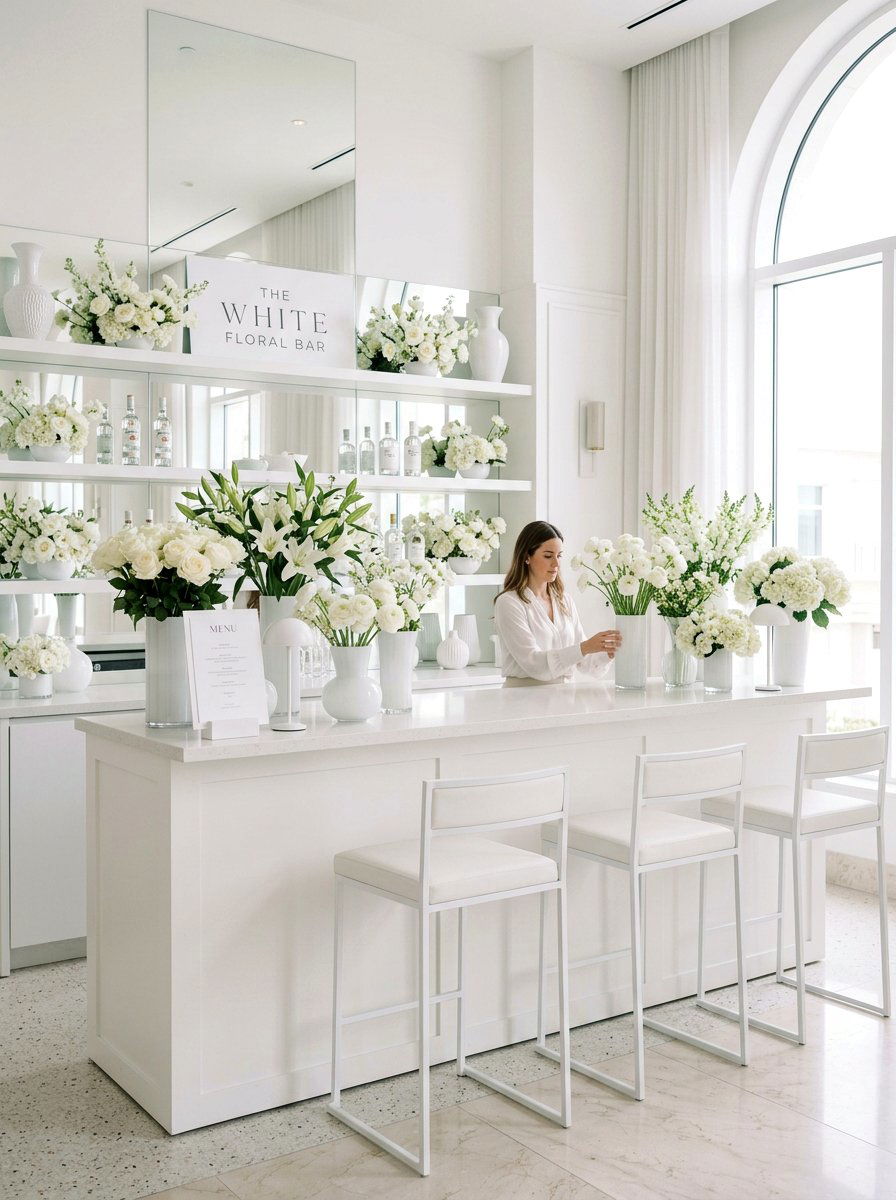 White Aesthetic Floral Bar - 25 bloom bar ideas