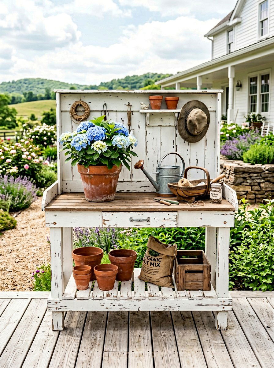 White Farmhouse Potting Bench - 25 Pallet Potting Bench Ideas
