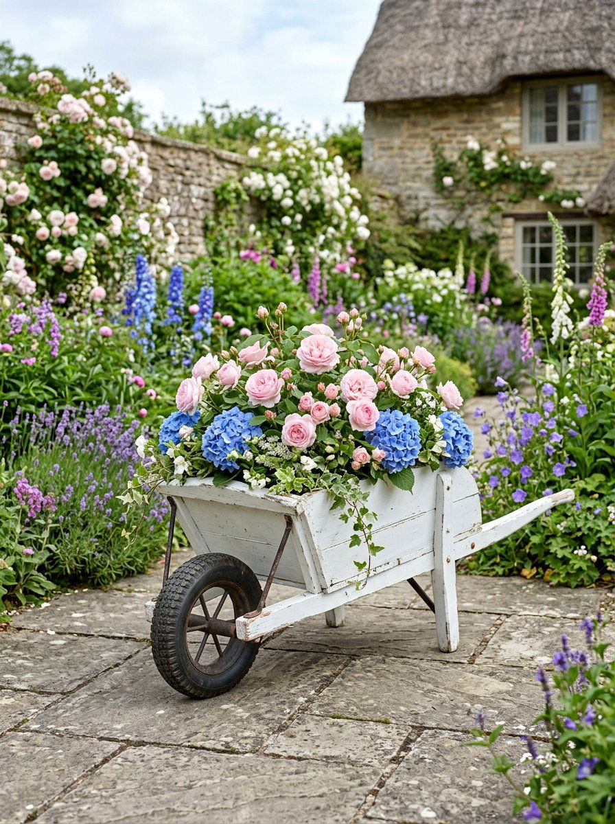 White Painted Wheelbarrow Planter - 25 Pallet Wheelbarrow Planter Ideas