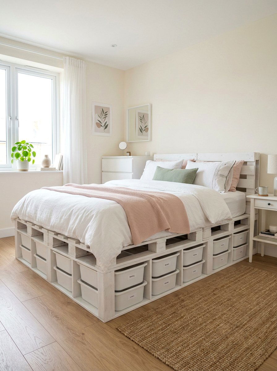 White Pallet Bed With Bins - 25 Pallet bed ideas with storage underneath