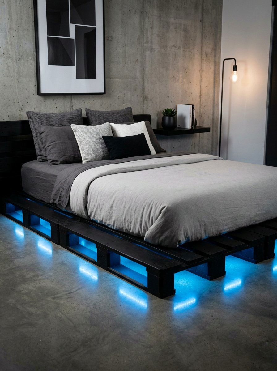 White Wash Pallet Bed - 25 Pallet bed frame with LED strip ideas
