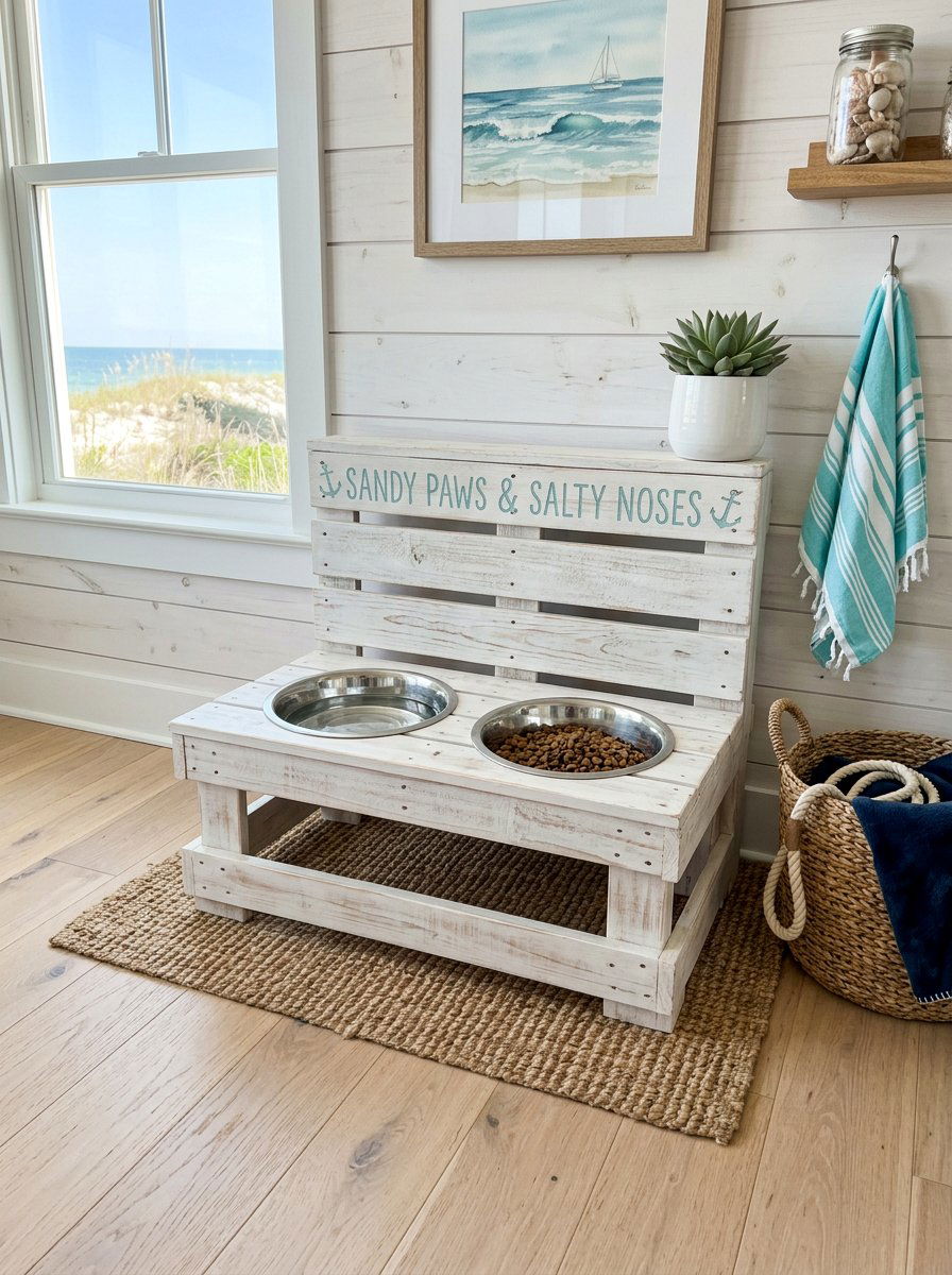 White Washed Pallet Dog Bowl Stand - 25 Pallet Pet Feeding Station Ideas