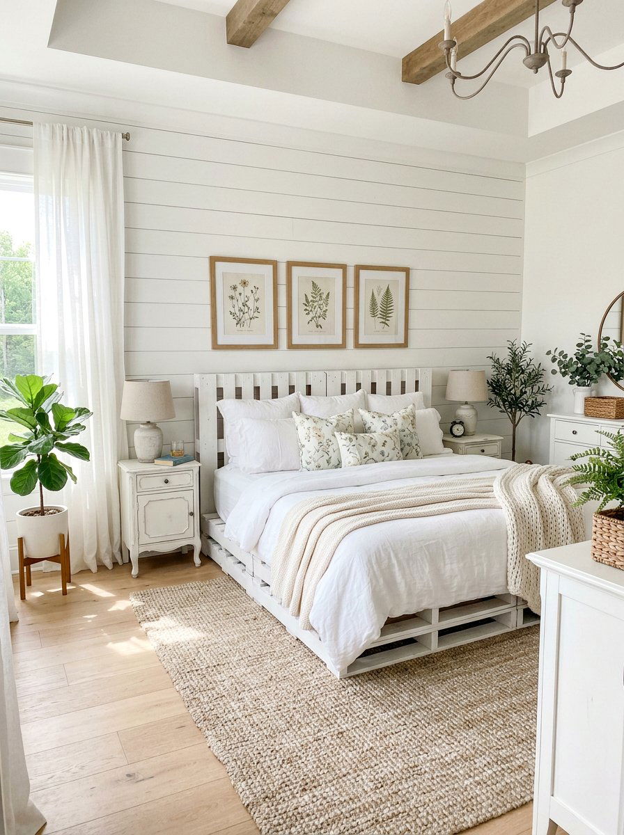 White painted pallet bed farmhouse - 25 Pallet bed ideas for master bedroom