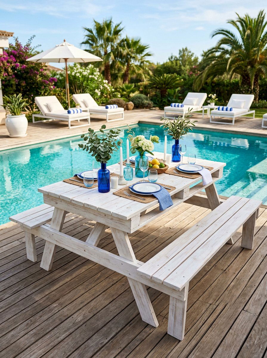 White washed pallet picnic table - 25 Pallet Picnic Table Ideas