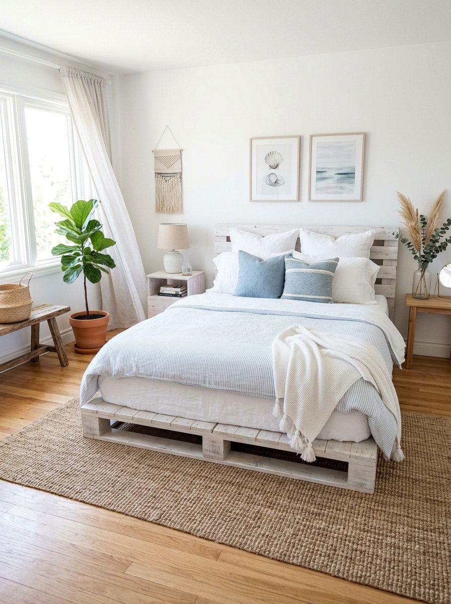 Whitewashed Pallet Bed - 25 Minimalist pallet bed ideas