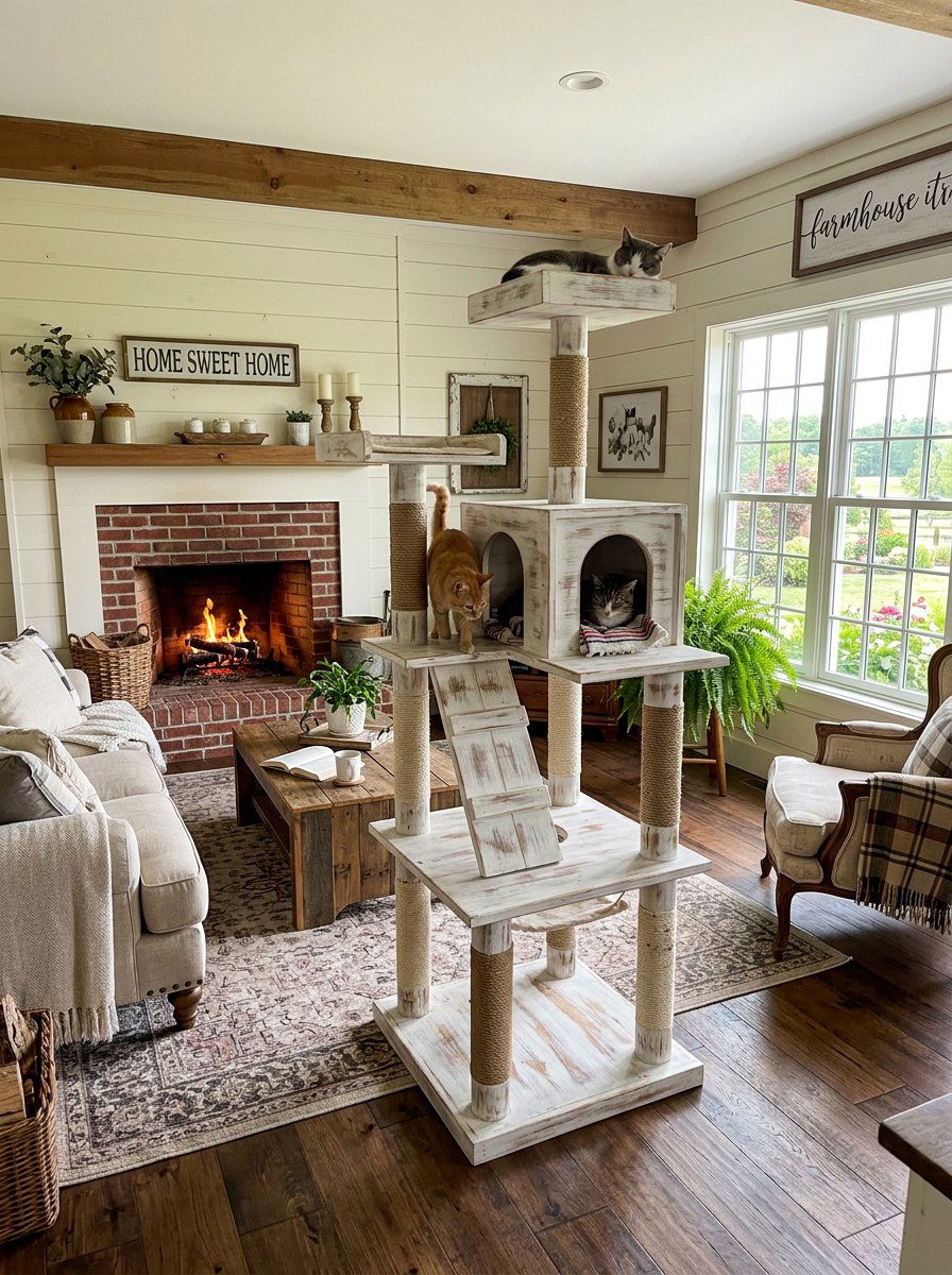 Whitewashed farmhouse cat tower - 25 pallet cat tree ideas