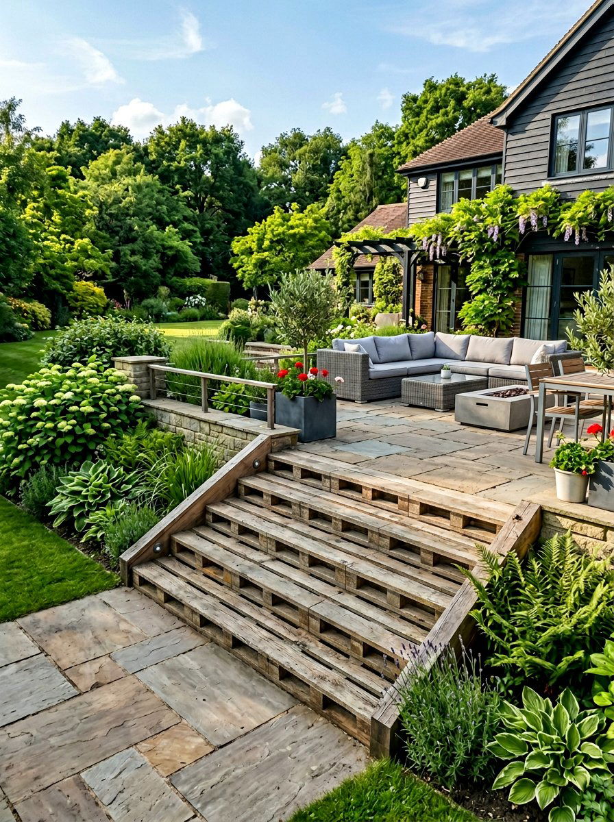 Wide Pallet Steps For Terrace - 25 Pallet Staircase for Garden Ideas