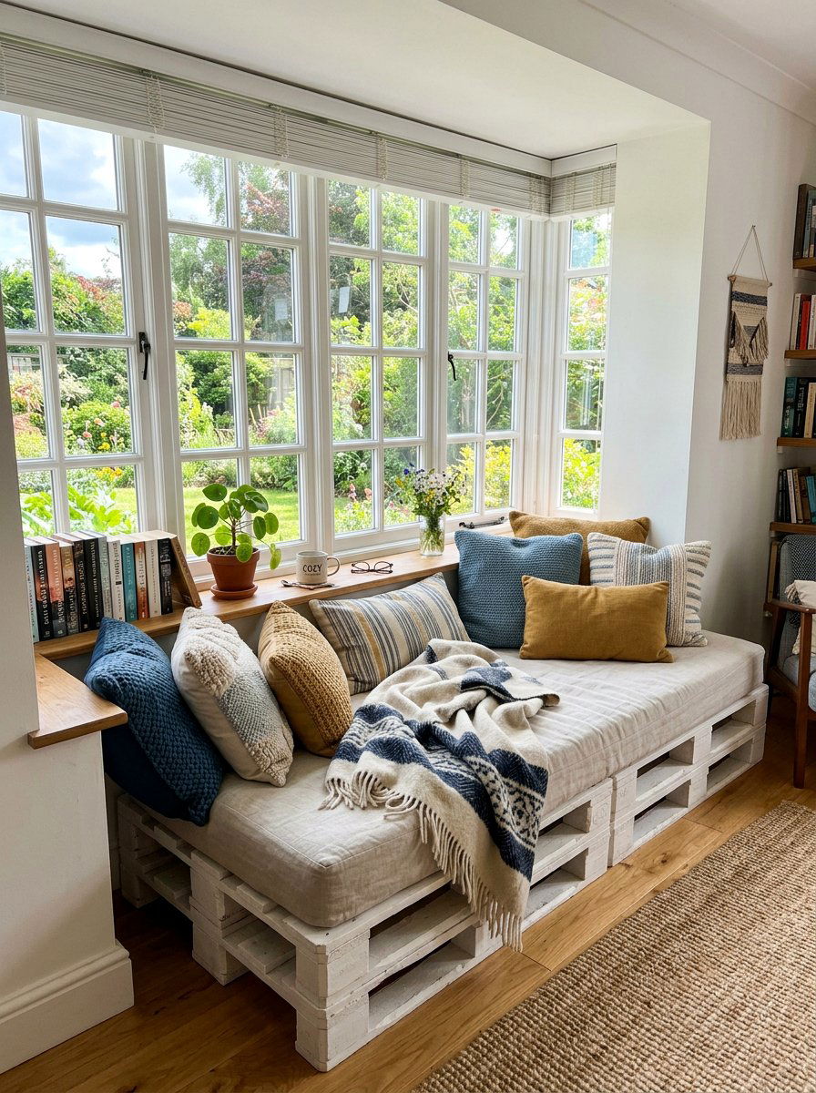 Window Seat Pallet Nook - 25 Pallet reading nook bed ideas