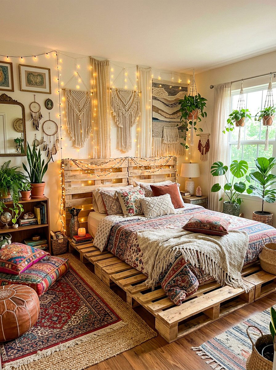 boho chic pallet bed fairy string lights - 25 Pallet Bed with Lights ideas