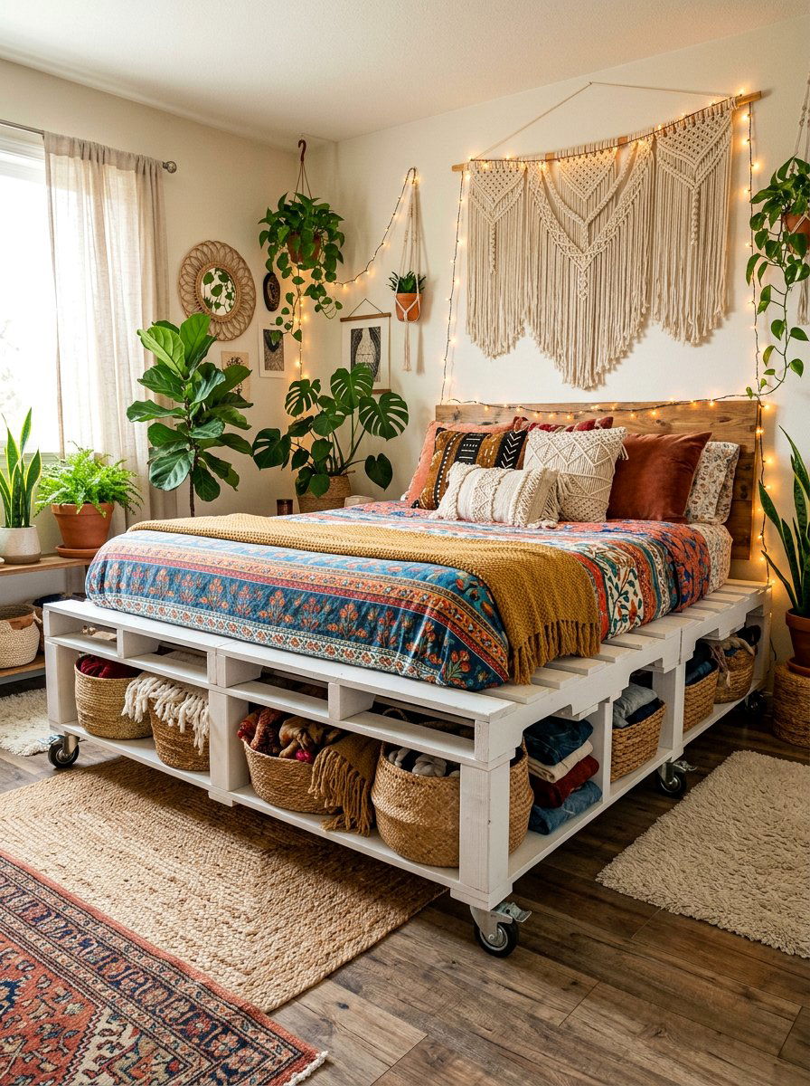 boho pallet bed mobile storage - 25 Pallet bed on wheels with storage ideas