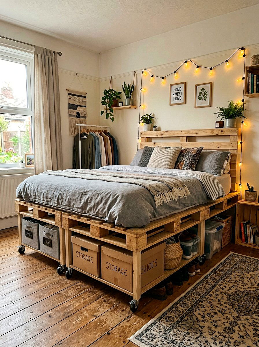 budget friendly pallet bedroom organization - 25 Pallet bed on wheels with storage ideas