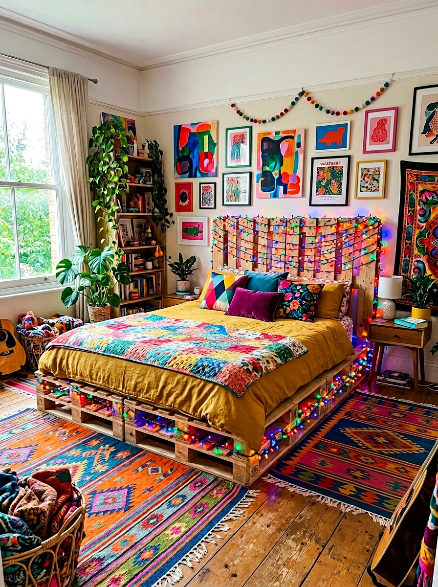 colorful pallet bed string lights - 25 Pallet Bed with Lights ideas