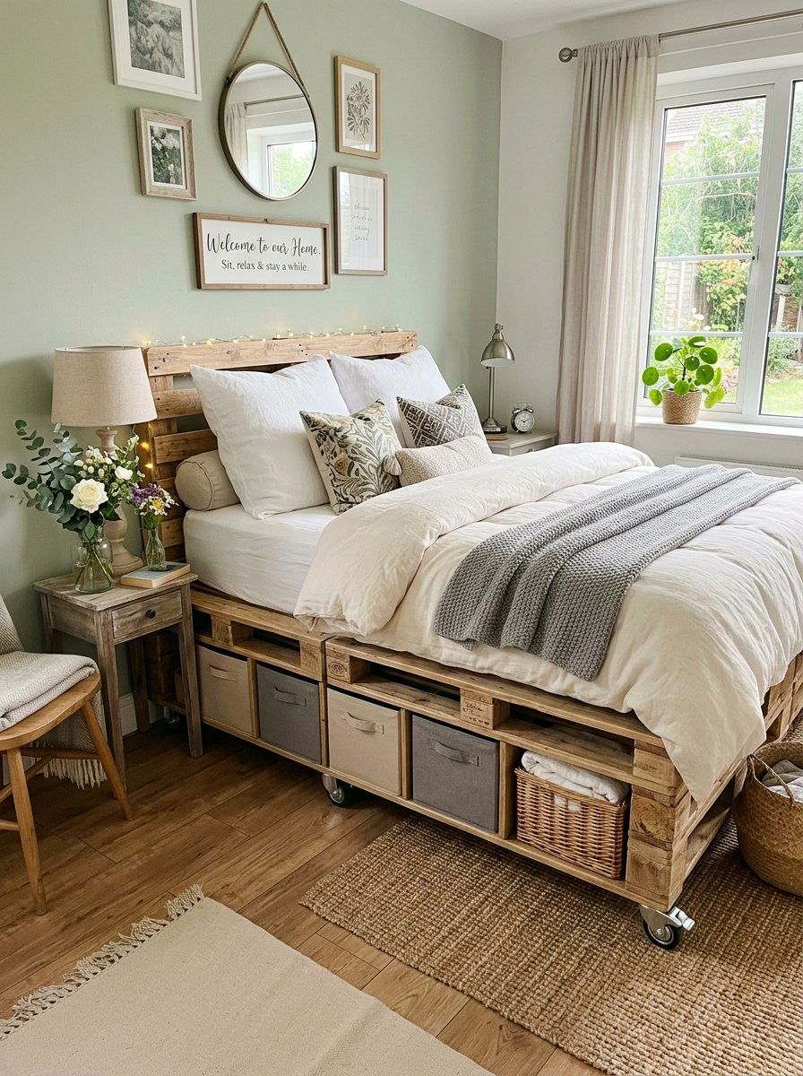 cozy guest room pallet bed - 25 Pallet bed on wheels with storage ideas