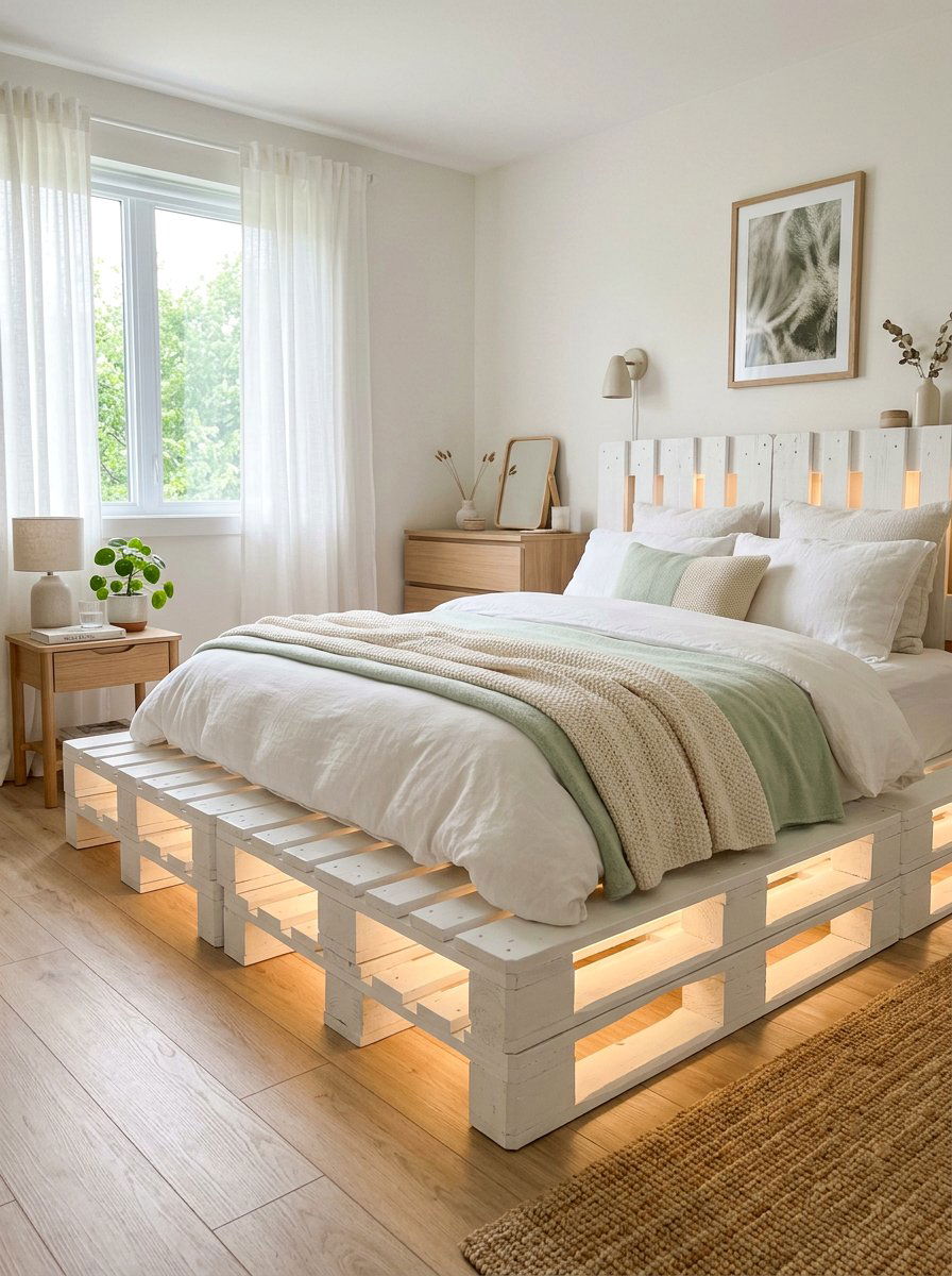cozy white painted pallet bed lights - 25 Pallet Bed with Lights ideas