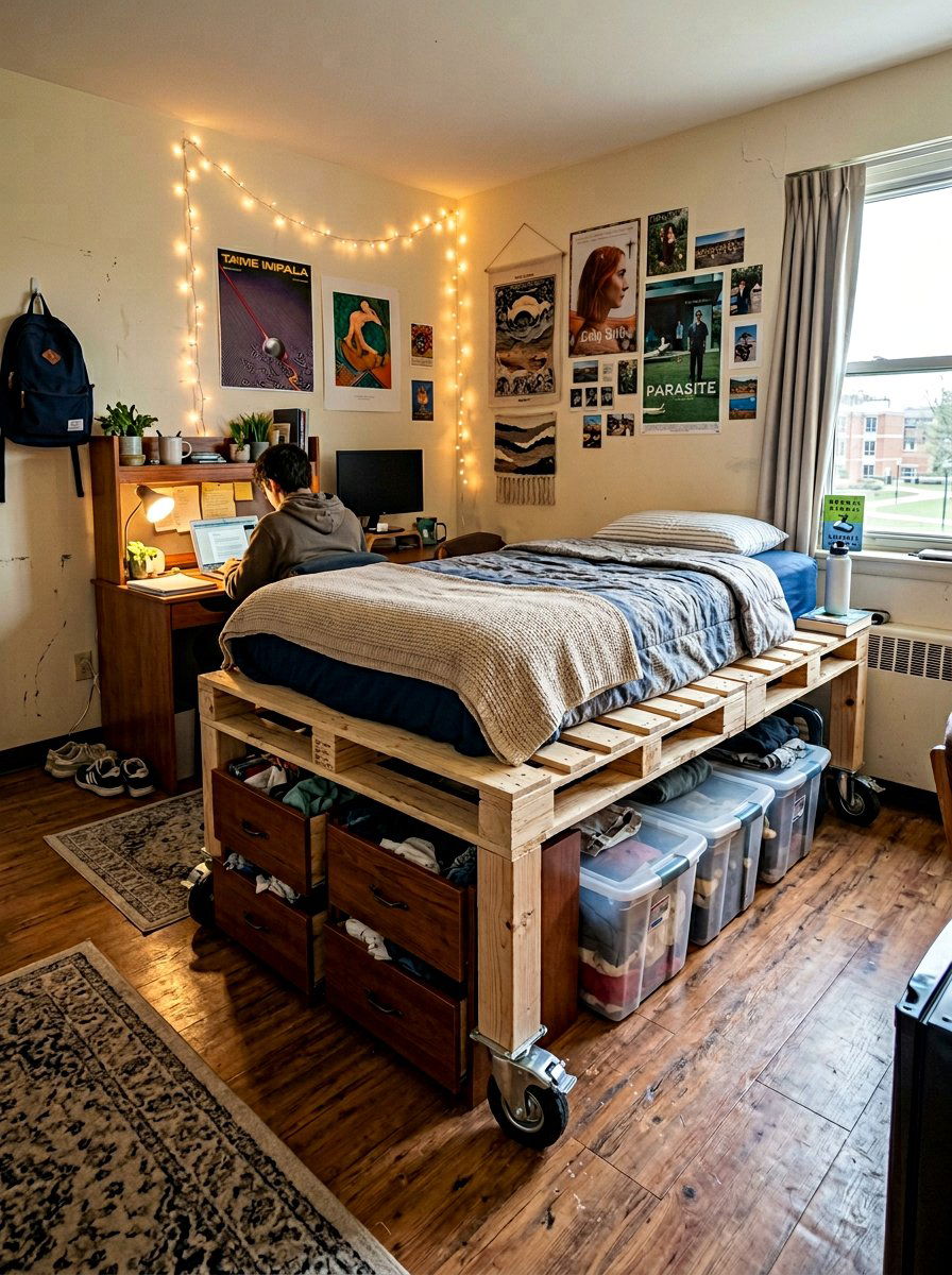 dorm room compact pallet bed - 25 Pallet bed on wheels with storage ideas