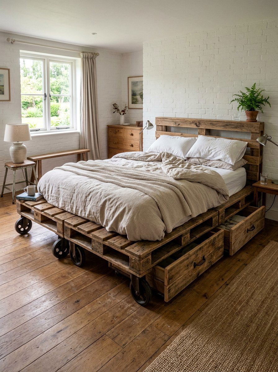 double pallet frame rolling bed - 25 Pallet bed on wheels with storage ideas