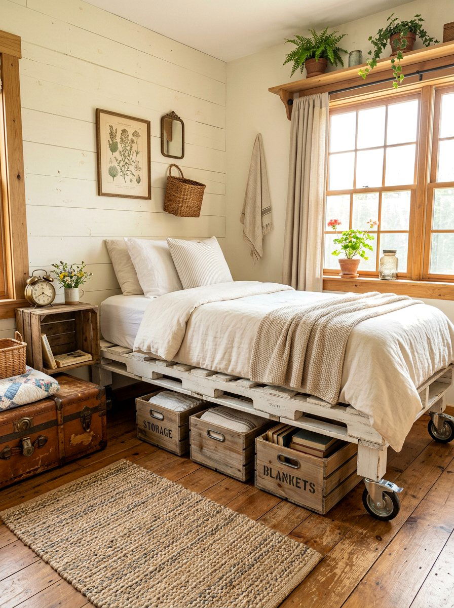 farmhouse pallet bed small space - 25 Pallet bed on wheels with storage ideas