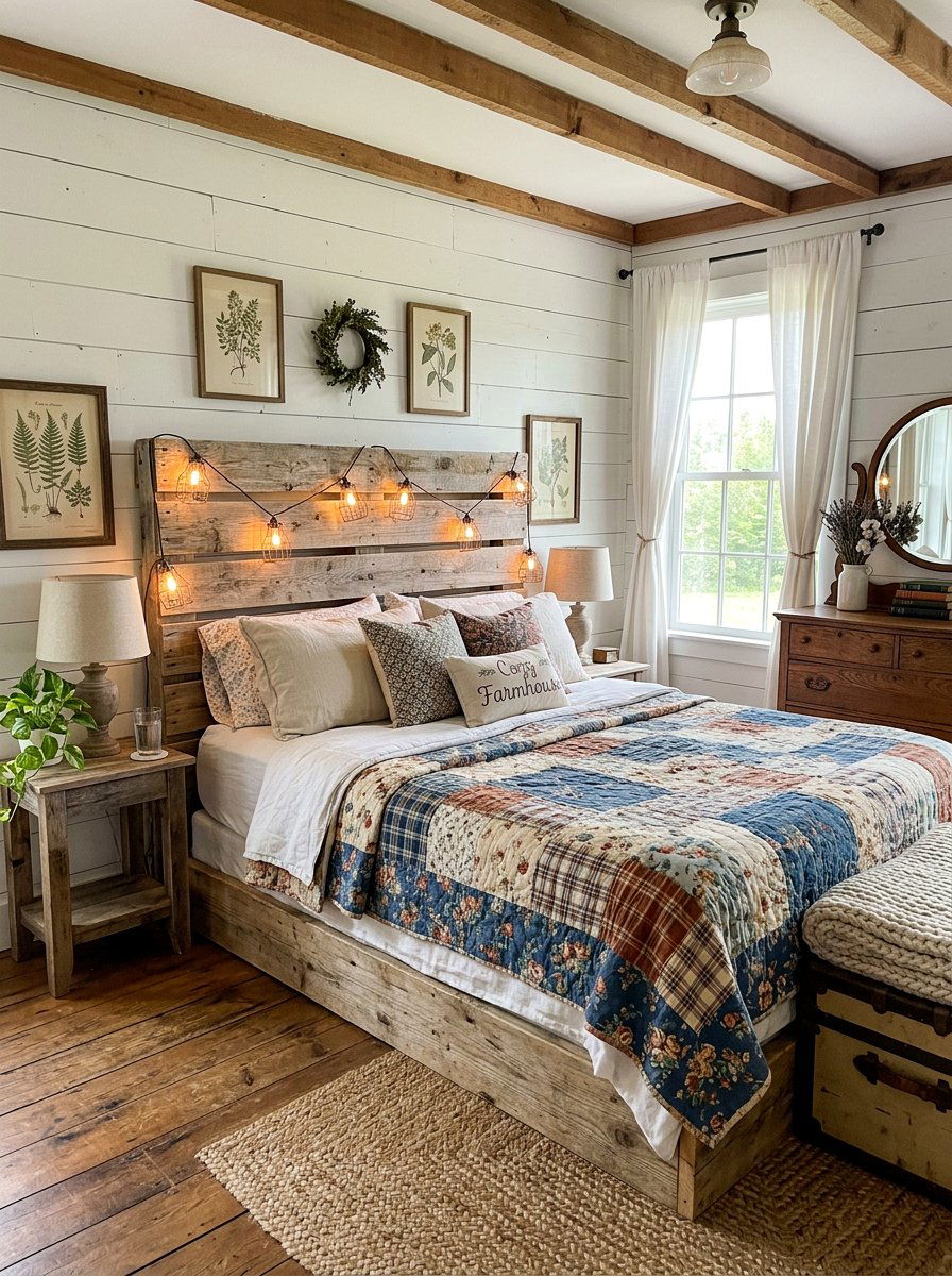 farmhouse pallet bed with warm glow - 25 Pallet Bed with Lights ideas