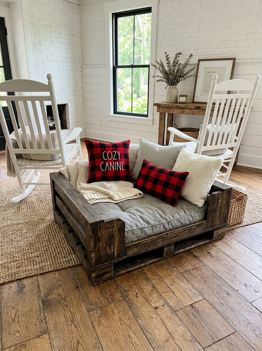 farmhouse pallet dog bed with pillows - 25 Pallet Dog Bed for Porch Ideas