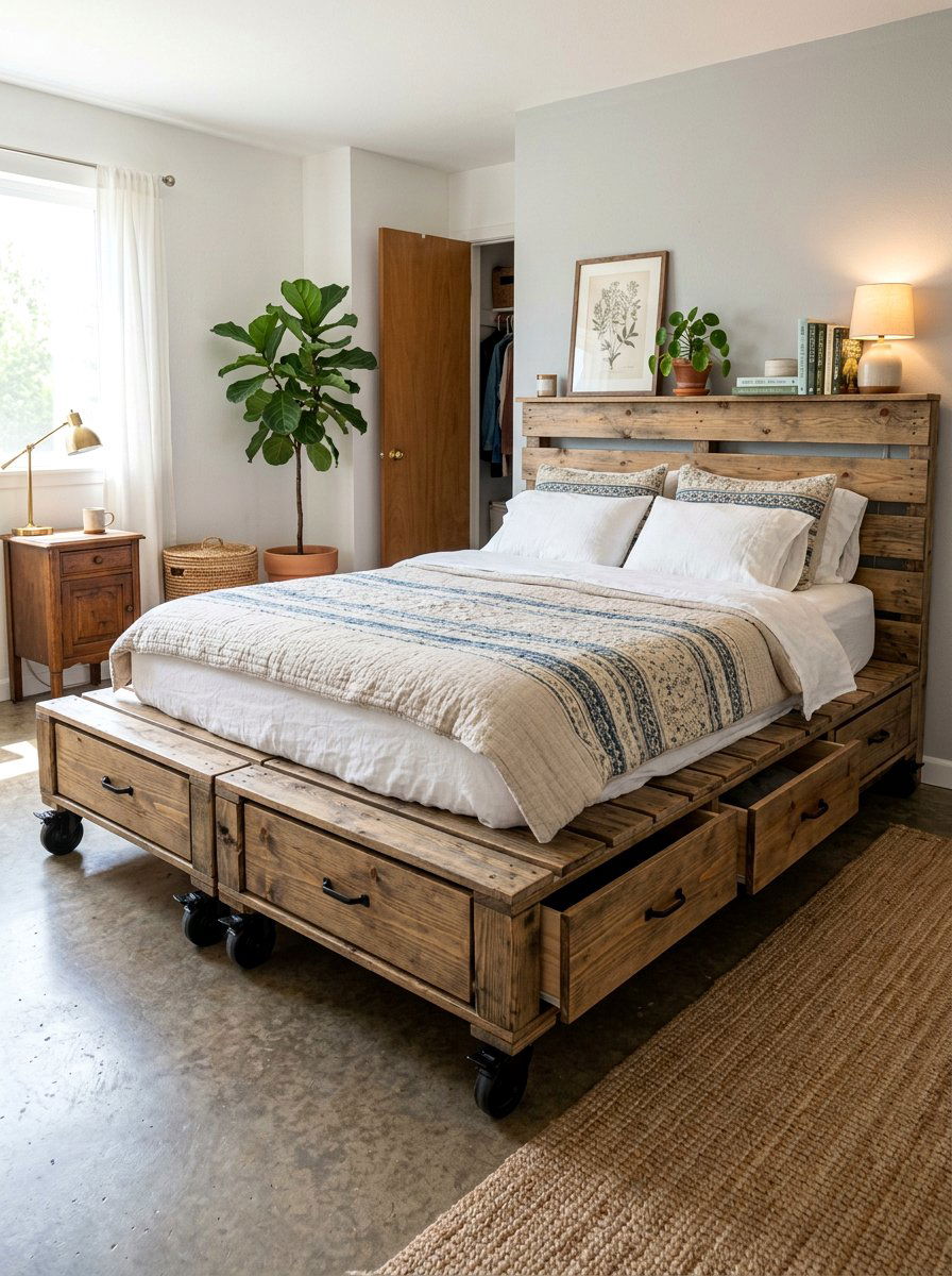 full size pallet storage mattress foundation - 25 Pallet bed on wheels with storage ideas