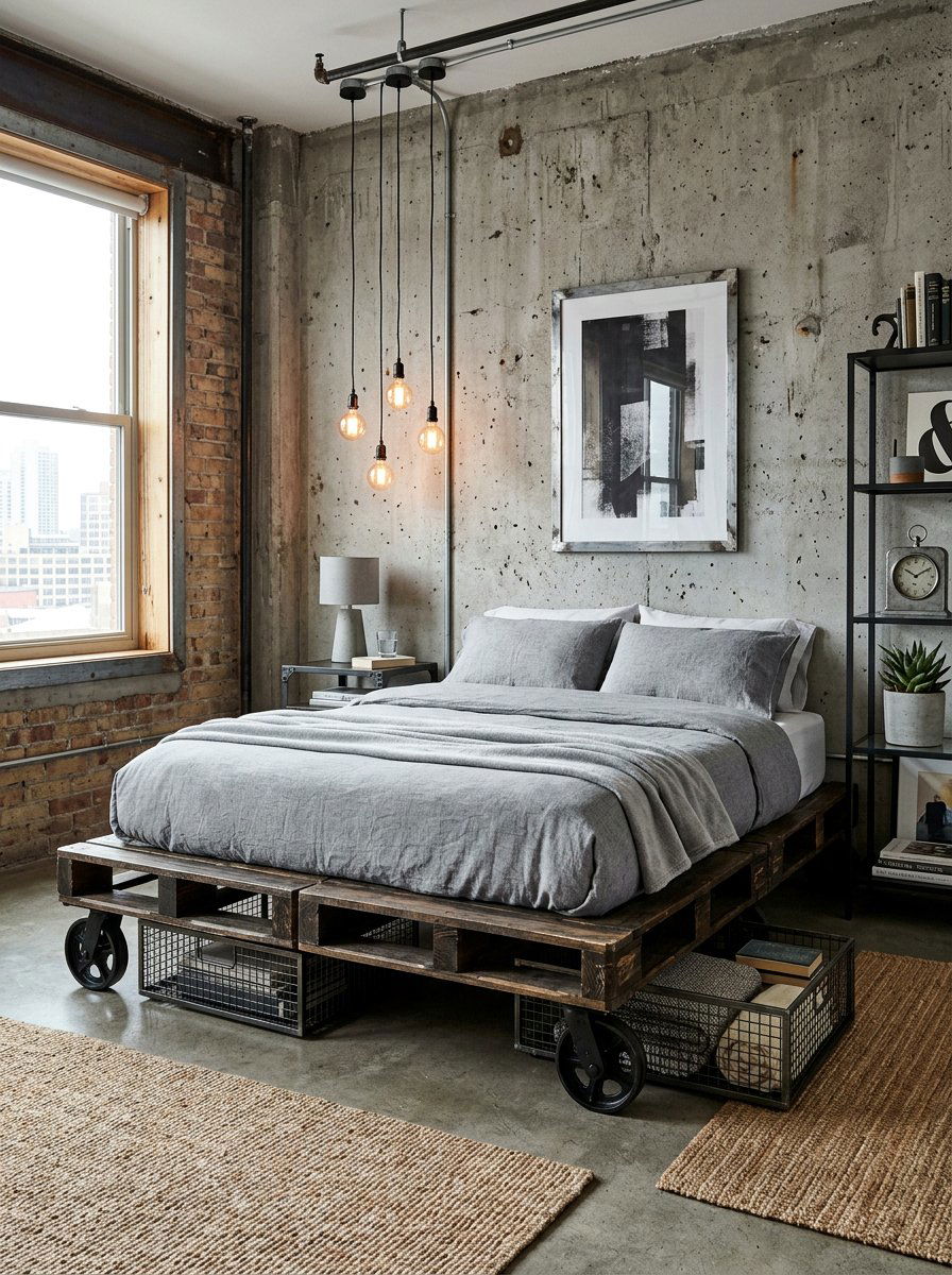 industrial style pallet bed frame - 25 Pallet bed on wheels with storage ideas
