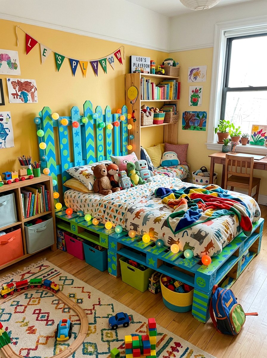 kids playful pallet bed colorful lights - 25 Pallet Bed with Lights ideas
