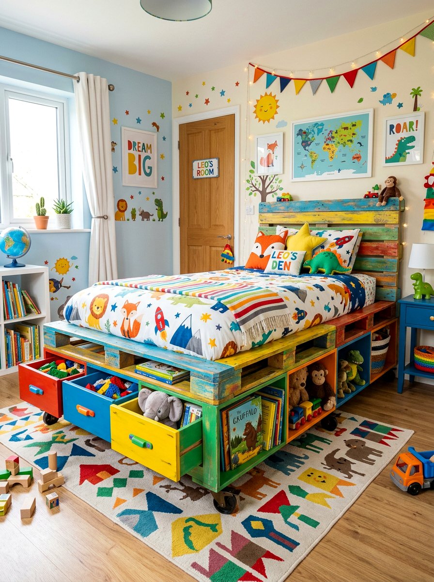 kids room pallet storage bed - 25 Pallet bed on wheels with storage ideas