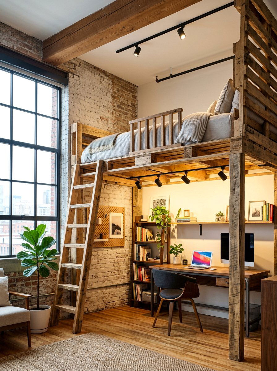 loft bed pallet design with under lights - 25 Pallet Bed with Lights ideas
