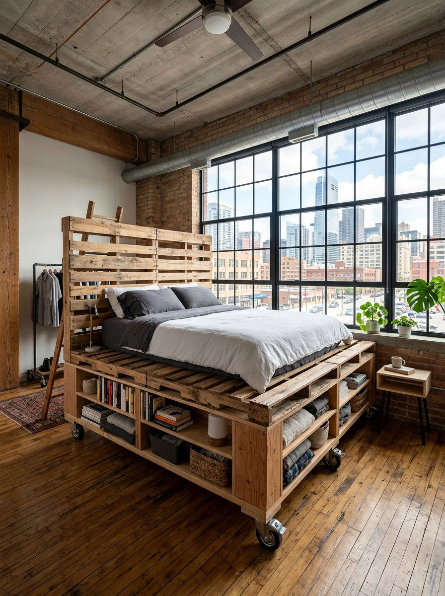 loft style pallet bedroom on wheels - 25 Pallet bed on wheels with storage ideas