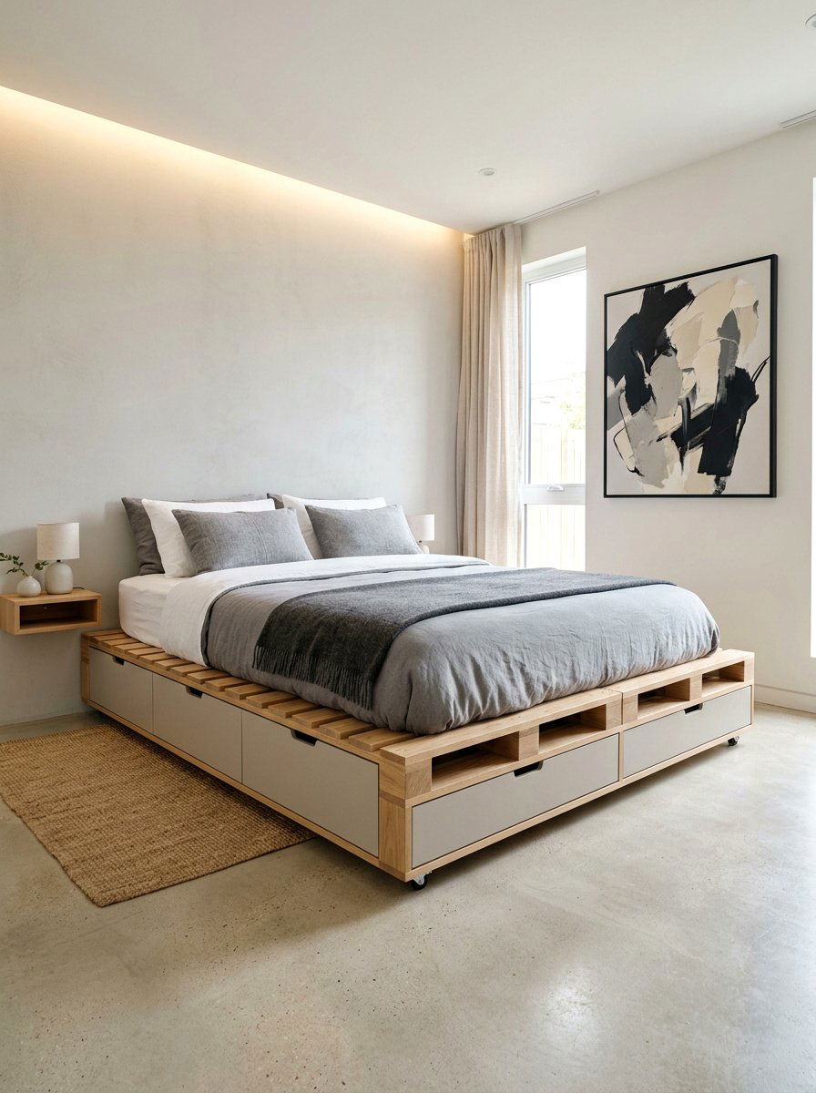 minimalist pallet bed built in drawers - 25 Pallet bed on wheels with storage ideas