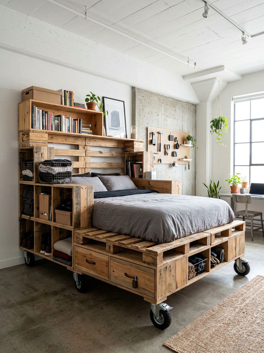 multi tier pallet storage system - 25 Pallet bed on wheels with storage ideas
