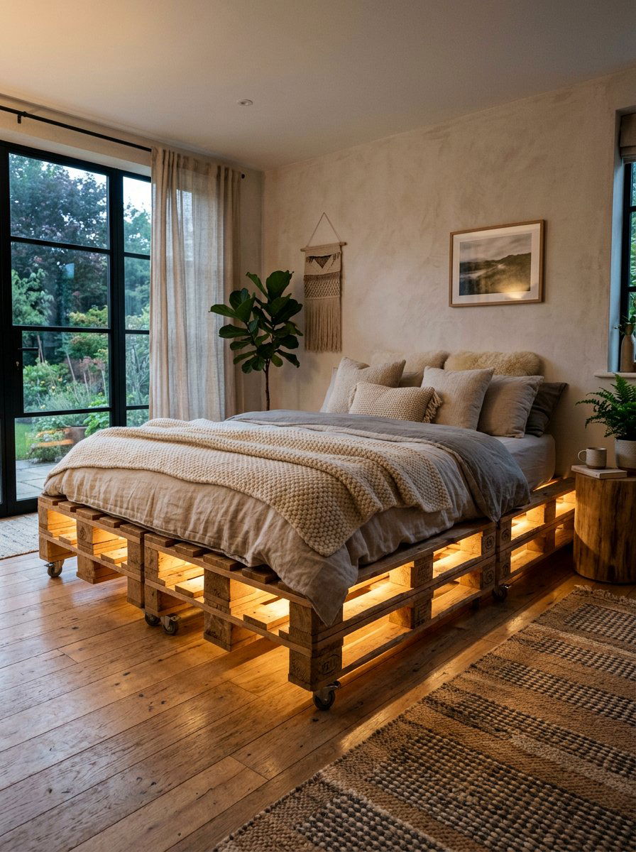 natural wood pallet frame cozy lighting - 25 Pallet bed on wheels with storage ideas
