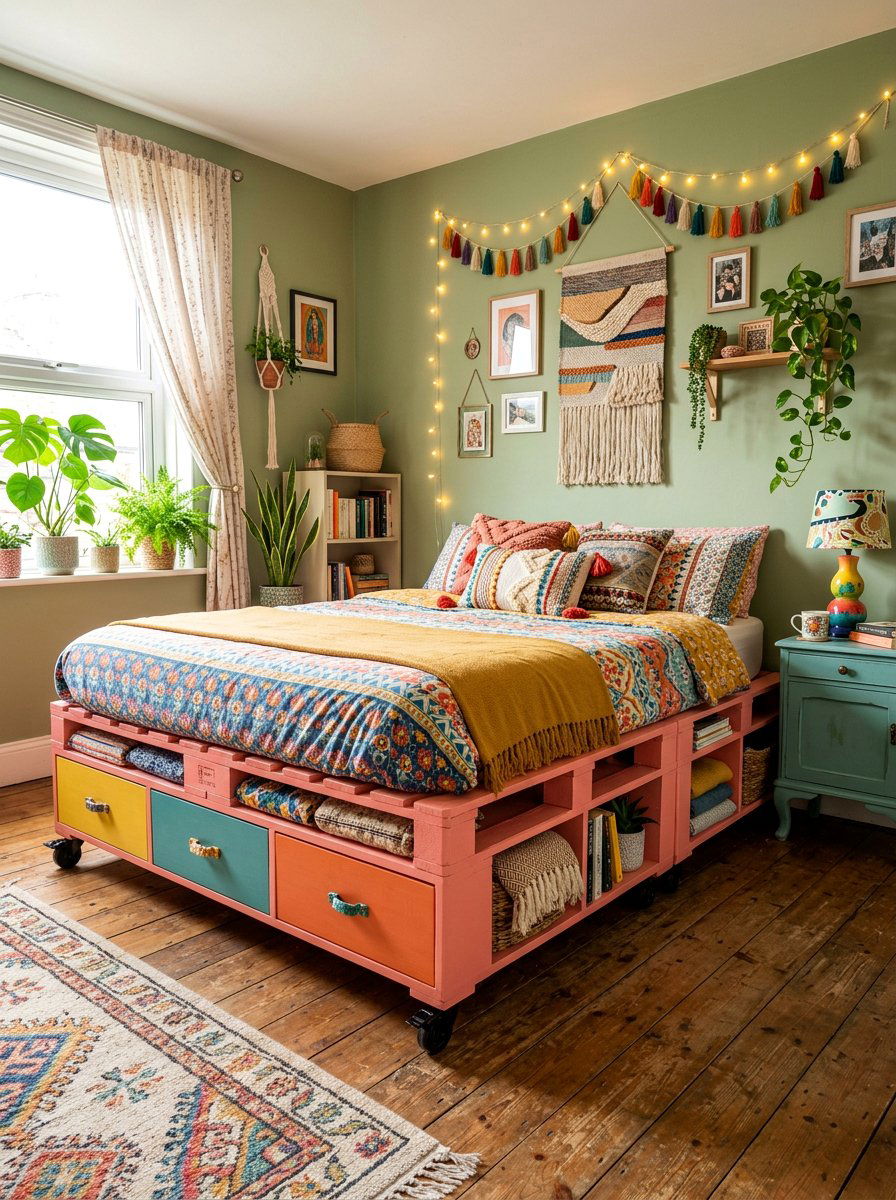 painted pallet bed colorful storage - 25 Pallet bed on wheels with storage ideas