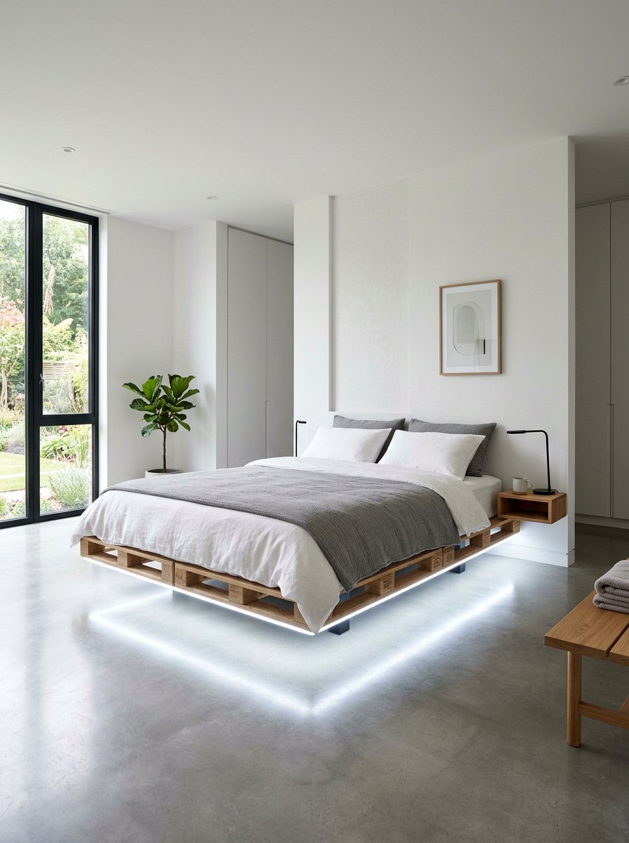 pallet bed floating effect led lights - 25 Pallet Bed with Lights ideas