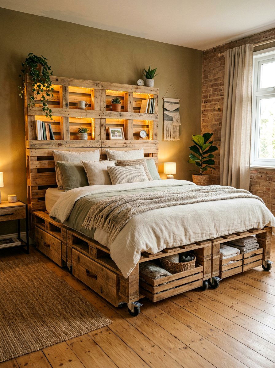 pallet bed headboard storage integration - 25 Pallet bed on wheels with storage ideas