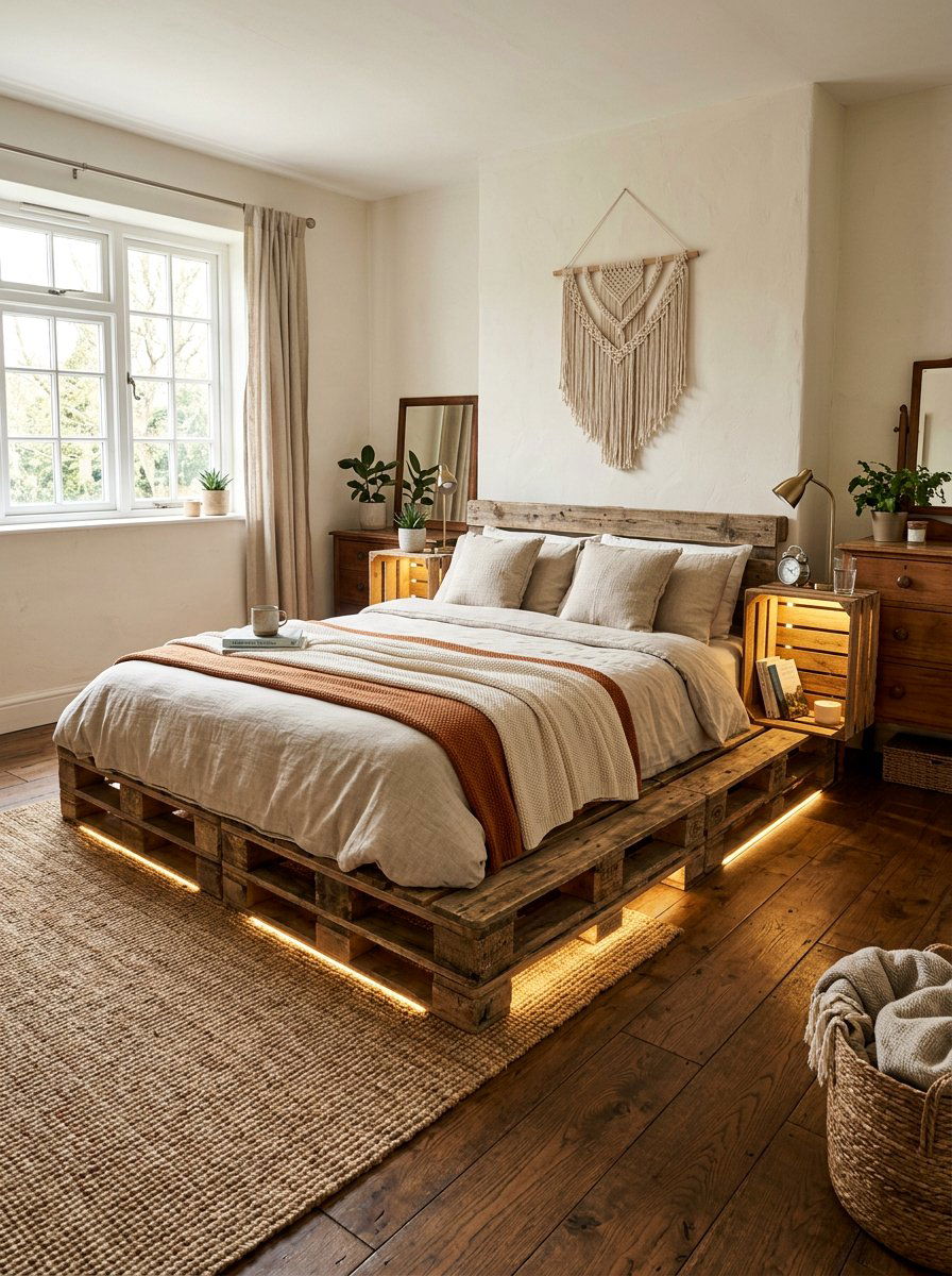 pallet bed with integrated lit crate nightstands - 25 Pallet Bed with Lights ideas