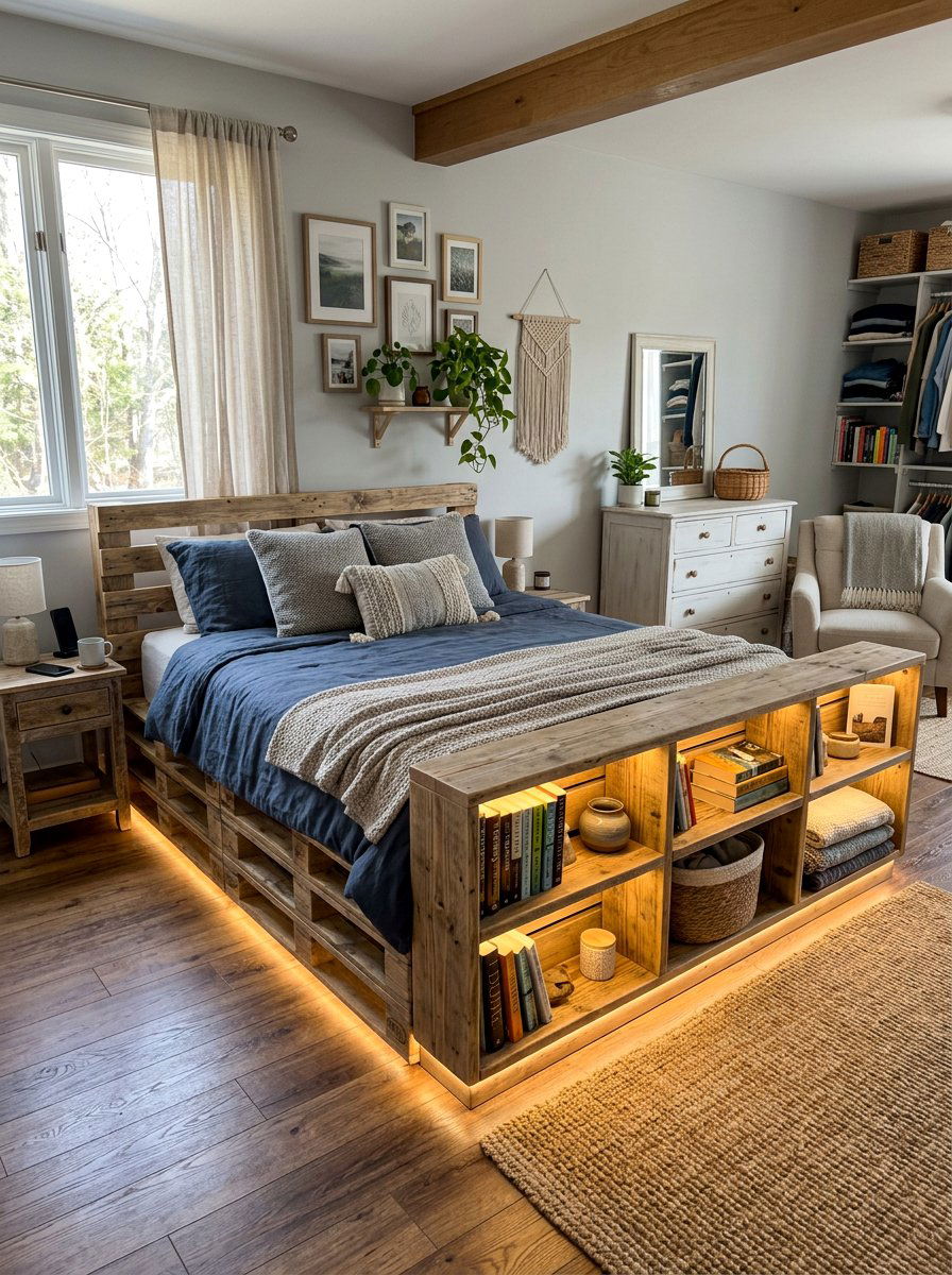 pallet bed with integrated storage lights - 25 Pallet Bed with Lights ideas