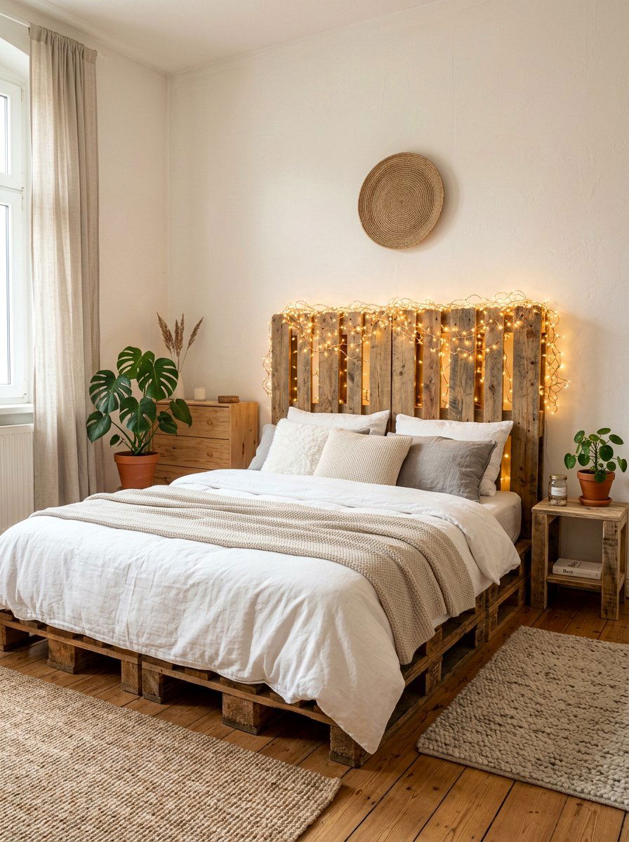 pallet headboard with fairy lights - 25 Pallet Bed with Lights ideas