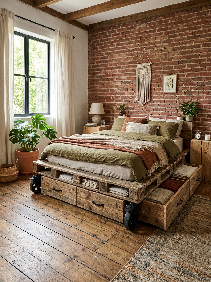 rustic bedroom pallet storage - 25 Pallet bed on wheels with storage ideas