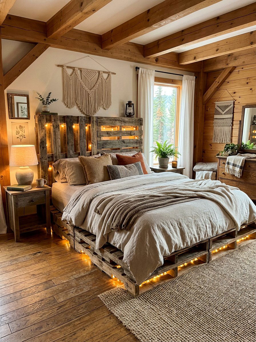 rustic pallet bed glowing headboard and base - 25 Pallet Bed with Lights ideas