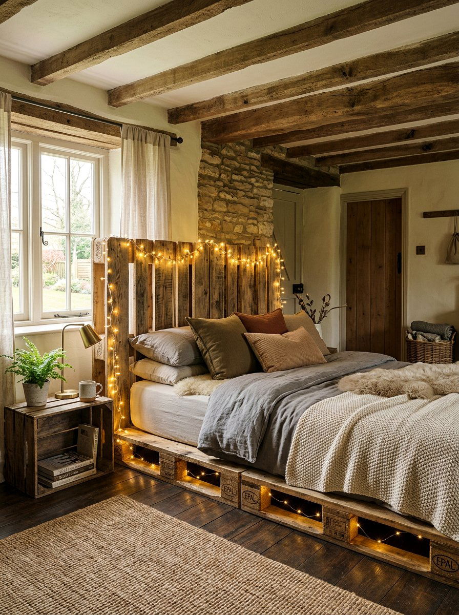 rustic pallet bed string lights - 25 Pallet Bed with Lights ideas