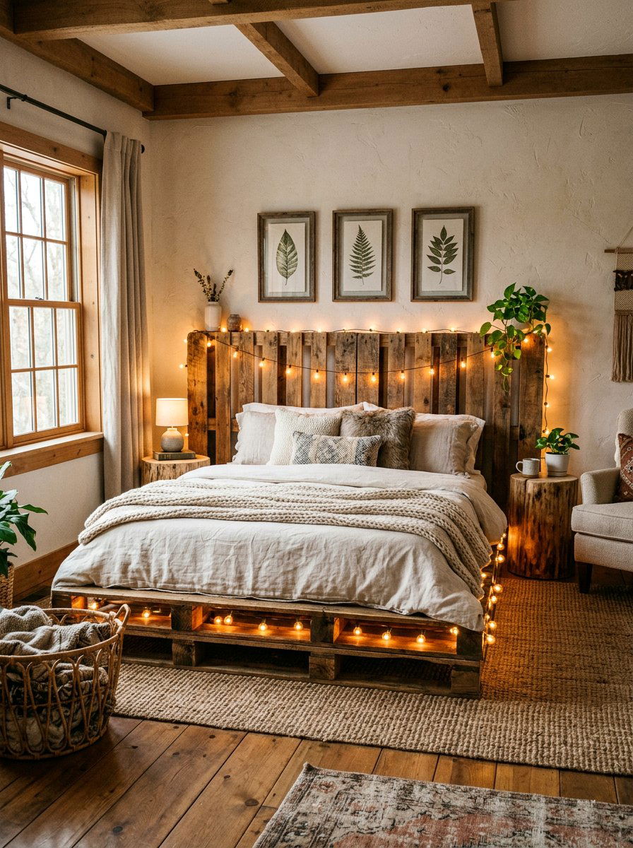 rustic wood pallet bed warm lights - 25 Pallet Bed with Lights ideas
