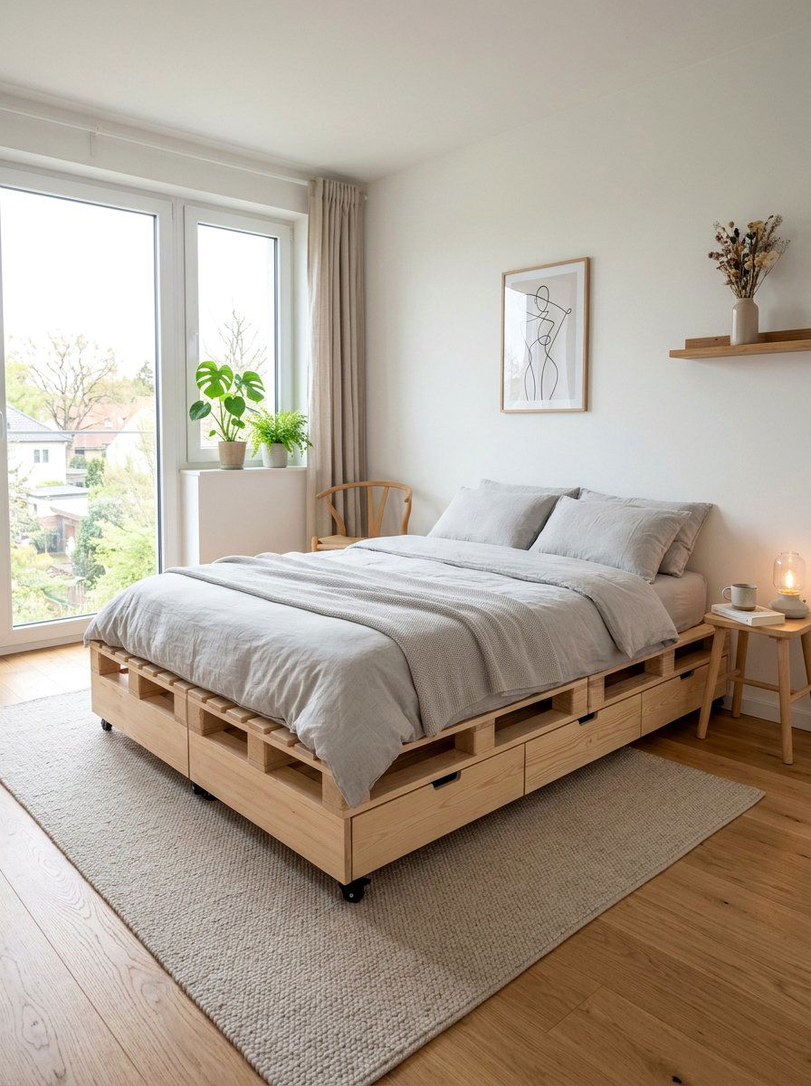 scandinavian design pallet sleeping area - 25 Pallet bed on wheels with storage ideas