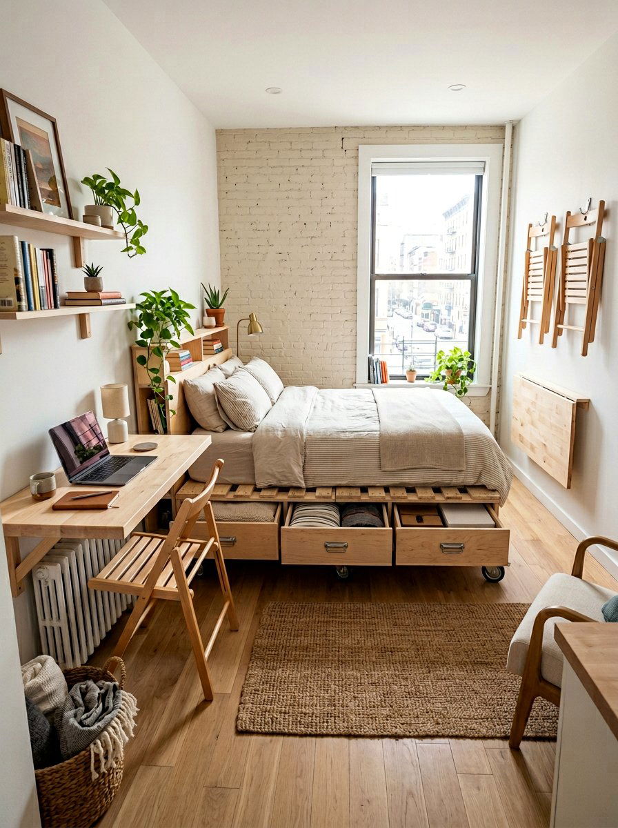 space saving small apartment pallet setup - 25 Pallet bed on wheels with storage ideas