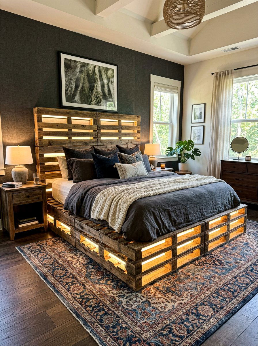 stacked pallet bed led strip glow - 25 Pallet Bed with Lights ideas
