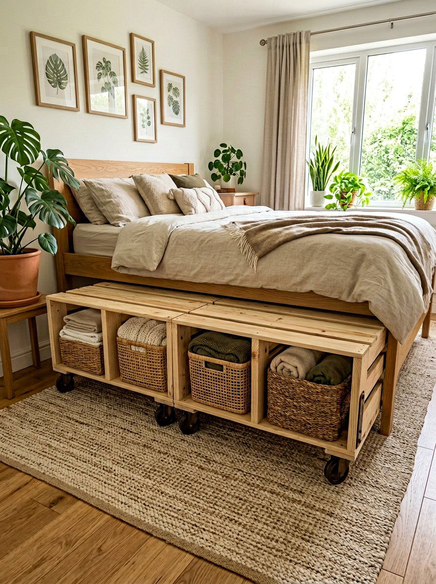under bed basket storage pallet design - 25 Pallet bed on wheels with storage ideas